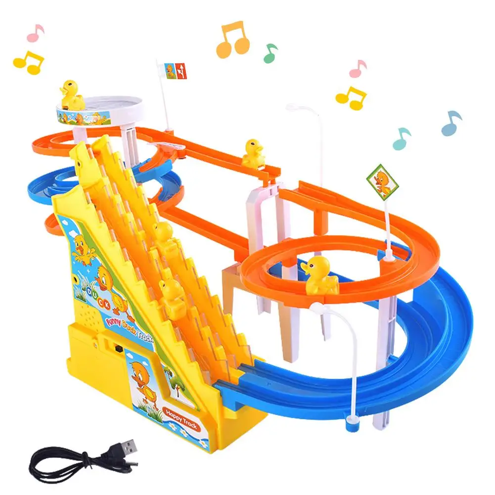 Electric Duck Climbing Stairs Toy Durable Electric Roller Coaster Toy Duck Race Climbing Track Set With LED Flashing Lights And