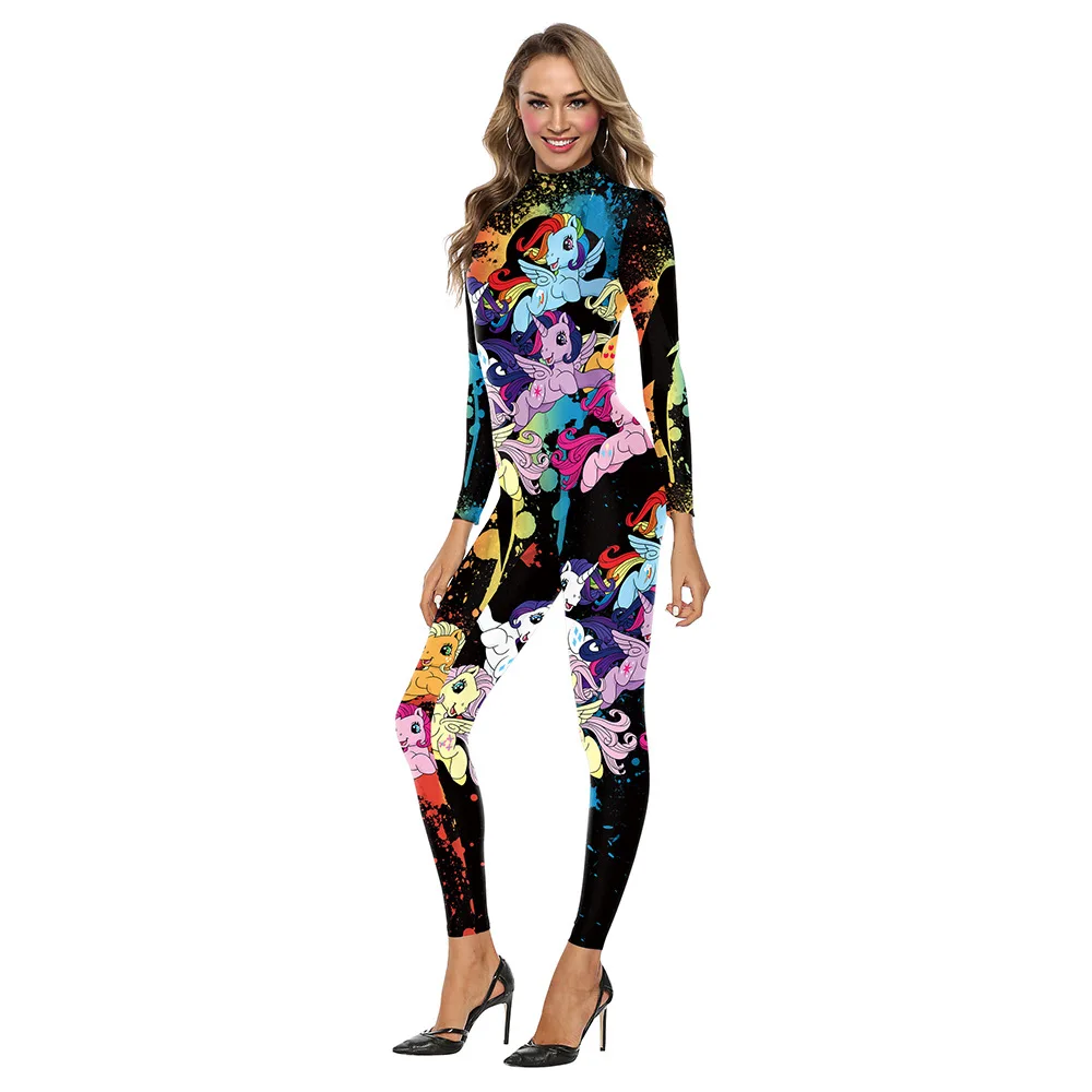 FCCEXIO Female Rainbow Unicorn Print Sexy Bodysuits Women  Back Zipper Party Slim Jumpsuits New Skinny Long Rompers