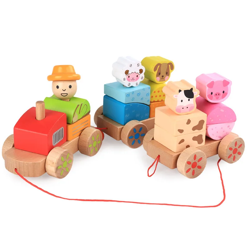 Kids Early Education Props Trailer Wooden Train Vehicle Blocks Geometry Farm Animal Colour Cognitive Blocks Christmas Gift