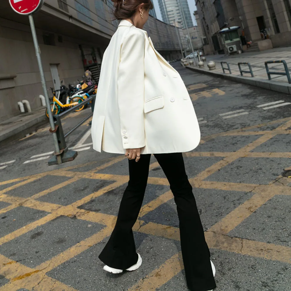 Korean Style Minimalist Girl Blazers Women Elegant Vintage Long Sleeve Milky Female Clothing Double Breasted Fashion Outerwear