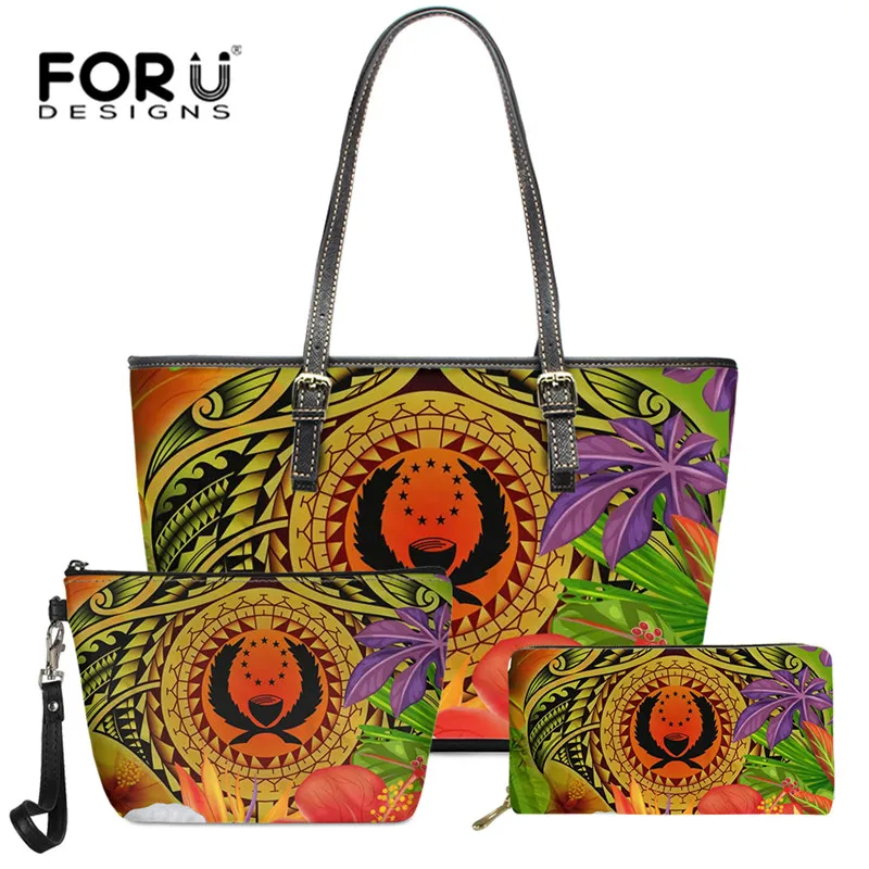 

Vintage Ethnic Style PU Handbags Polynesia Pohnpei Tribe Shoulder Bag Luxury Women Large Top-handle Bags Purse 3in1 for Ladies