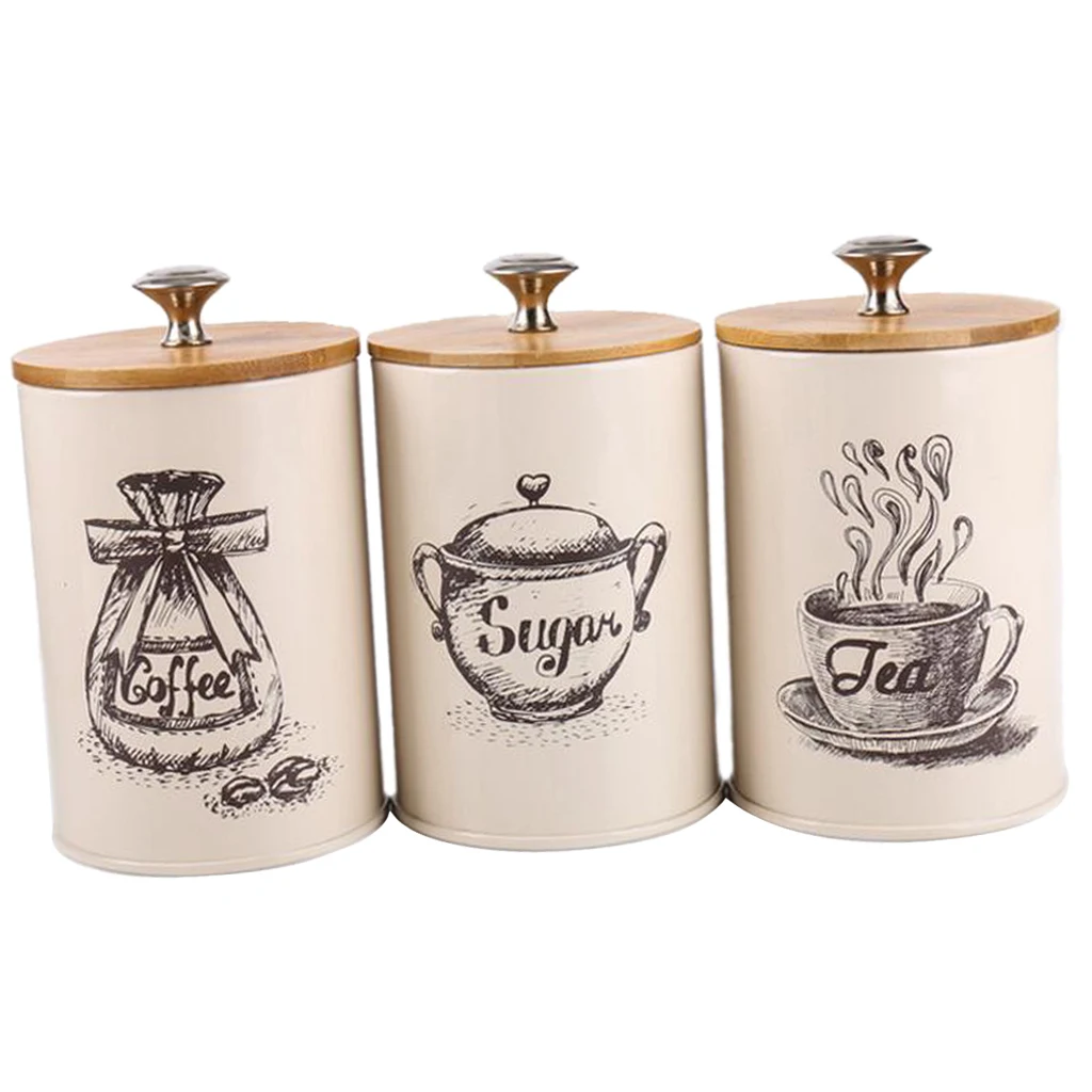 3Pcs Kitchen Storage Box Tins Food Canister Set Bamboo Lid Tea Coffee Sugar Bread Bin Jar Container