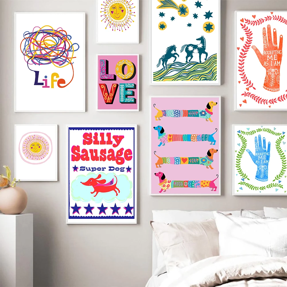 Love and Hope Positive Sunshine Quote Art Print Canvas Painting Sausage Dog Posters Cute Wall Pictures Nursery Kids Home Decor