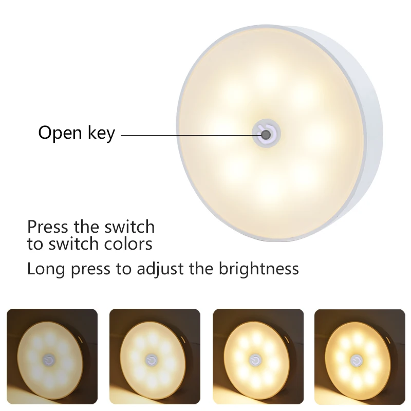 Sensor de movimento PIR Controle de luz noturna Infravermelho Auto On Off Touch Switch, Luz de emergência para quarto e armário, 3 cores