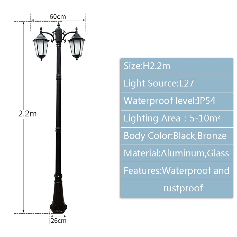 European Garden Lamp Outdoor Waterproof Retro Street Lamp Garden Villa Household Double Head High Pole Landscap Lamp(H≈2.2m)