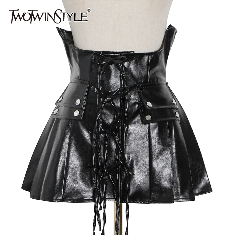 TWOTWINSTYLE Black PU Leather Belt For Female High Waist Cross Lace Up Bowknot Casual Elegant Belts Women 2021 Fashion New