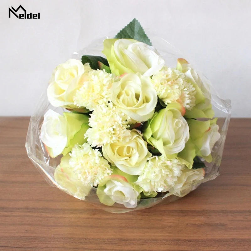 Meldel Wedding Bouquet สำหรับ Bridesmaids เจ้าสาวประดิษฐ์ดอกไม้ผ้าไหมกุหลาบคาร์เนชั่น DIY Mariage อุปกรณ์ตกแต่งบ้าน