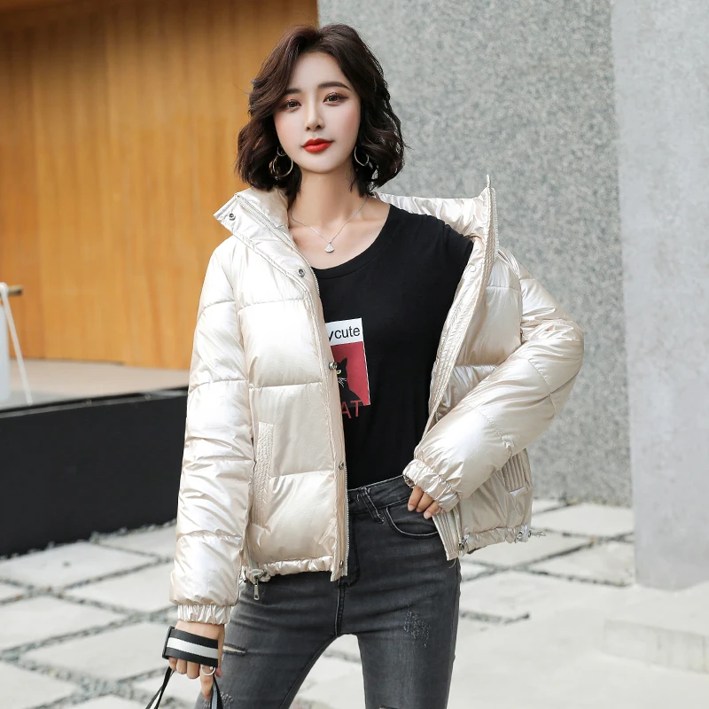 2021 Winter Jacket Parkas Women Glossy Down Cotton Jacket plus size Parka Warm Female Cotton Padded Jacket Casual Short Outwear