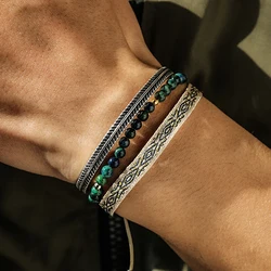 Bohemia Natural Lapis Lazuli Beads Bracelets Set Vintage Cuff Men's Bracelet Tibetan Handmade Lucky Knot Rope Dropshiping