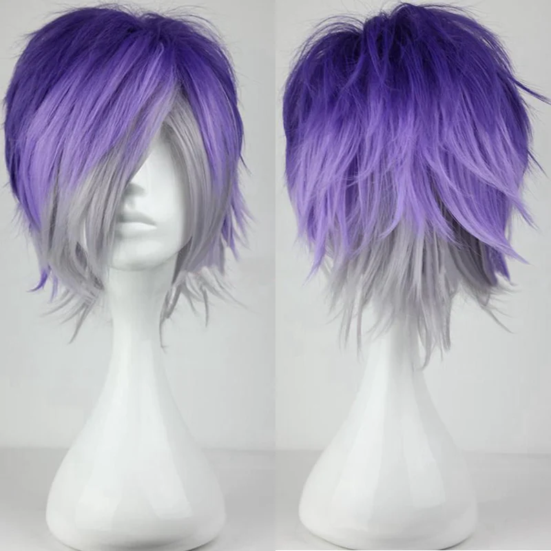 Anime Diabolik Lovers Sakamaki Kanato parrucca Cosplay uomo corto viola grigio resistente al calore capelli sintetici Cos parrucche + cappellino parrucca