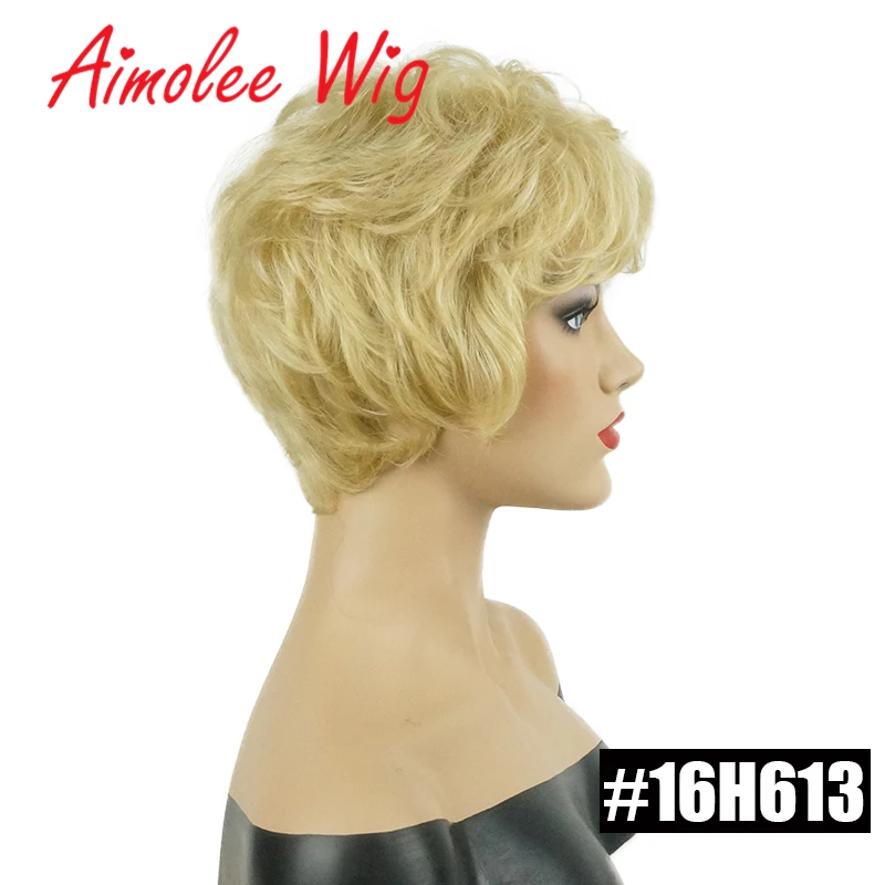 Fluffy Short Natural Wave Wigs Ombre Blonde Highlights Human Hair Blend Wig With Bangs for Women Synthetic Daily Work Party Wig