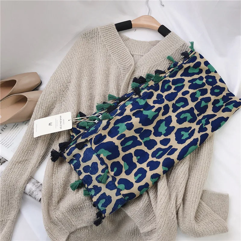 New Women Autumn Cotton Viscose Tassel Scarf Turquoise Leopard Dot Spain Style Wrap Pashminas Stole Muslim Hijab Sjaal 180*100cm