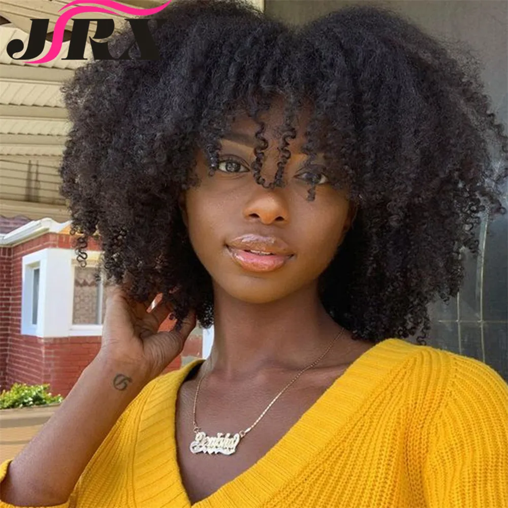 Mongolian Afro Kinky Curly Human Hair Wigs with Bangs Short Curly Brazilian Remy Human Hair Machine Made Wigs for Black  Women