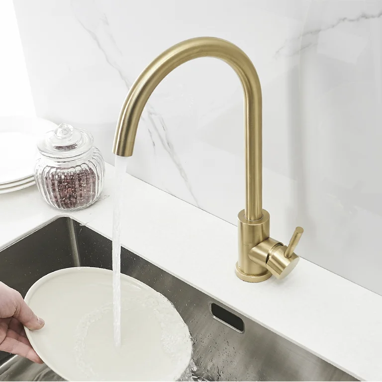 Kitchen Faucets Senducs Brushed Gold Kitchen Sink Mixer Tap Deck Mounted Hot Cold Kitchen Tap Stainless Steel Kitchen Faucets