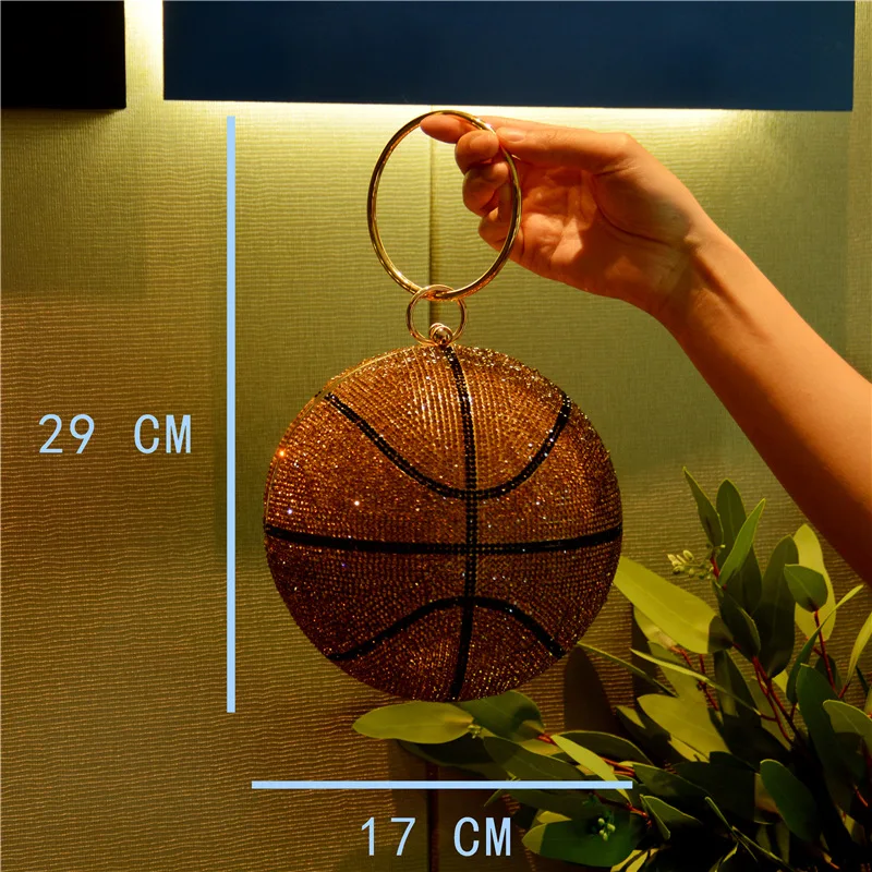 3D Diamond Basketball Round Ball Gold Pink Clutch Purses For Women Evening Rhinestone Handbags Ladies Party Dinner Totes Bag