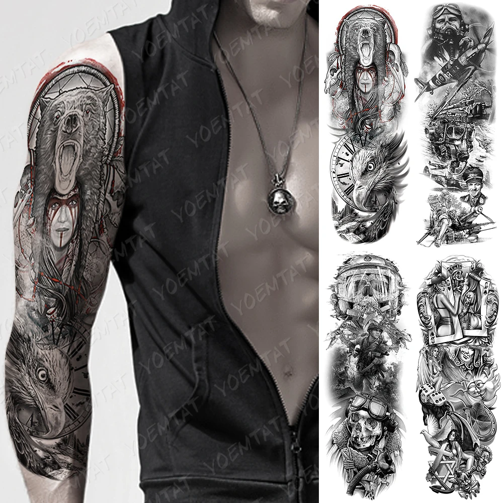 

Large Arm Sleeve Tattoo Bear Skull Eagle Shaman Waterproof Temporary Tatto Sticker Poker king Body Art Full Fake Tatoo Women Men