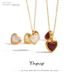 Yhpup Stainless Steel Heart Pendant Necklace Chain Jewelry Temperament Natural Stone Agate Collar Women Necklace брелок Gift