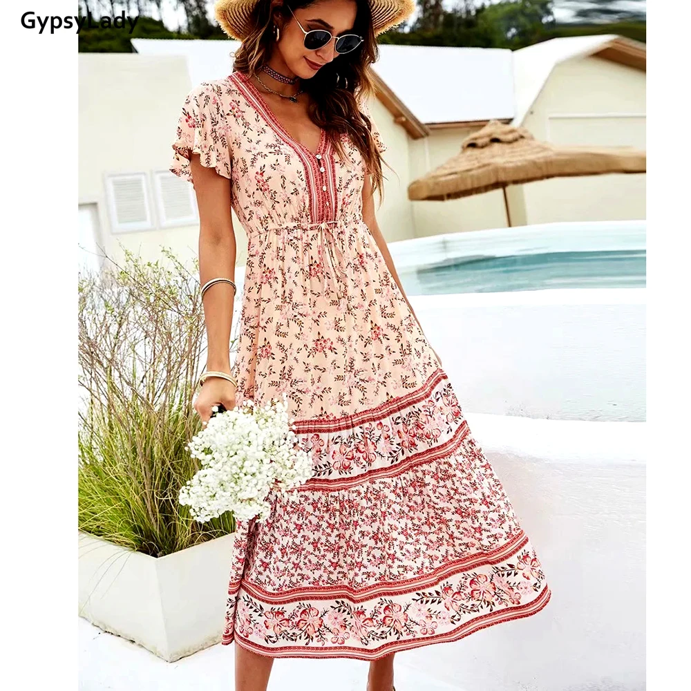 GypsyLady ดอกไม้พิมพ์ Vintage Maxi ชุด Boho ฤดูร้อนวันหยุดผู้หญิงสีชมพูปุ่มด้านหน้า Chic สุภาพสตรีหญิงชุด2021