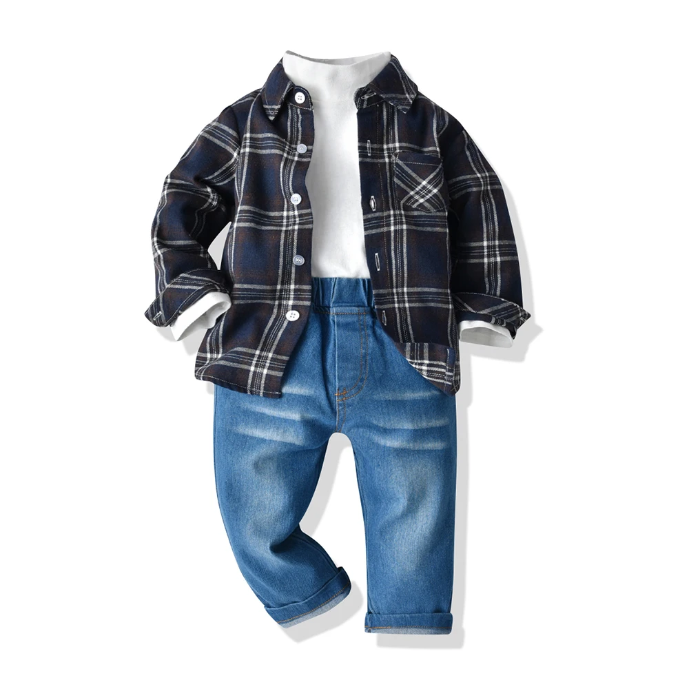 

top and top 2021 Autumn Winter Kids Boys Clothing Sets t-shirt+Plaid Shirt+Jeans 3pcs Set Casual Infant Boy Outfits