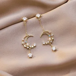 Vintage Rhinestone Heartbeat Earrings Crystal Moon Planet Pearl Zircon Earring Girls Party Birthday Gift Temperament Jewelry
