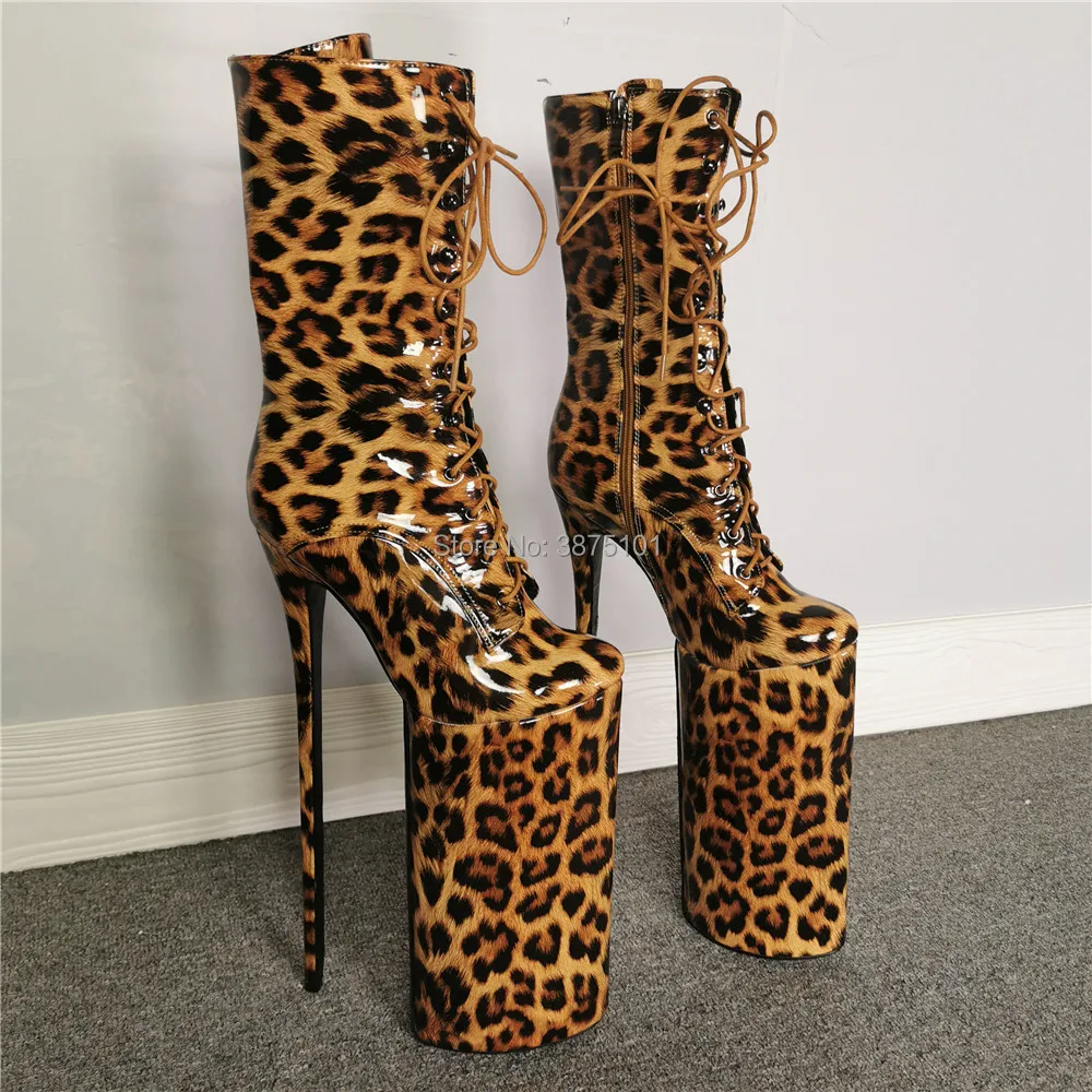 INS style 30CM Extreme High Heels Platform Boots Lace Up Leopard Ankle Boots Stage Unsexy Men Pumps