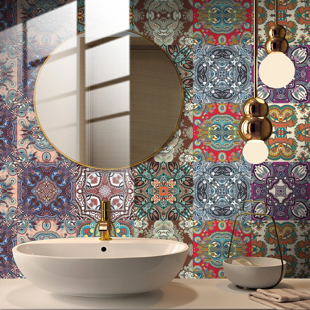 Pegatina de pared autoadhesiva para baño y cocina, calcomanía de Mandala de 10 piezas, murales coloridos, decoración del hogar, 10x10cm