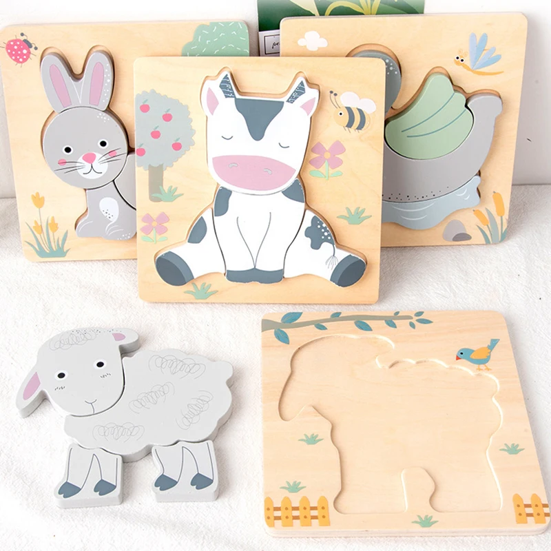 Wooden Jigsaw Puzzle Rabbit Cow Sheep Duck Kawaii Puzzles Clever Board Game Montessori Materials Educational Toys For Children