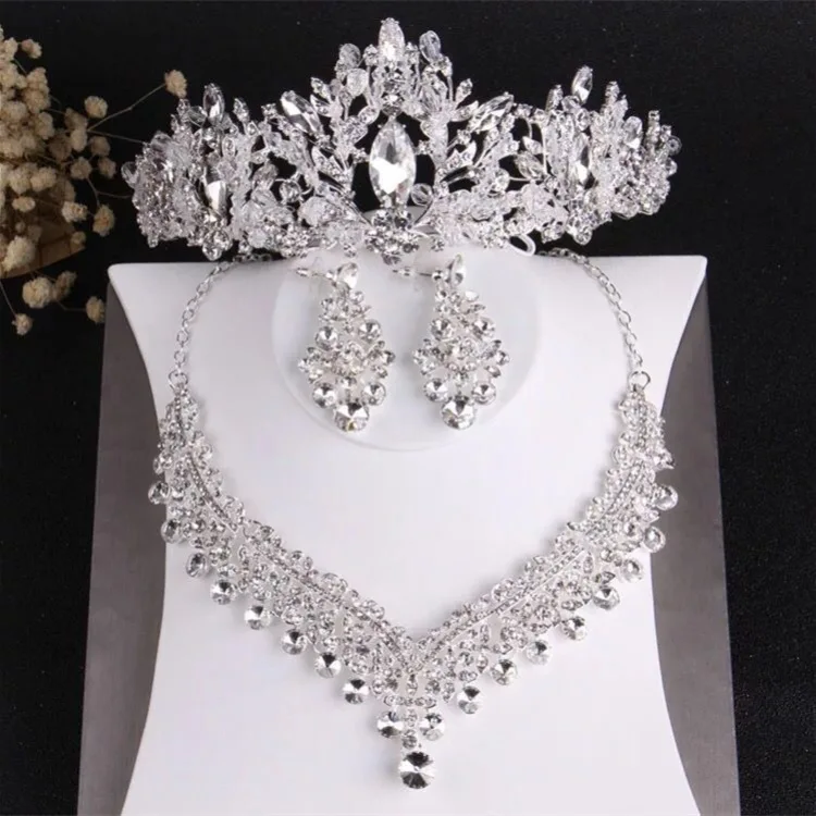 KMVEXO Luxury Heart Crystal Bridal Jewelry Sets Wedding Rhinestone Crown Tiara Earrings Choker Necklace African Bead Jewelry Set