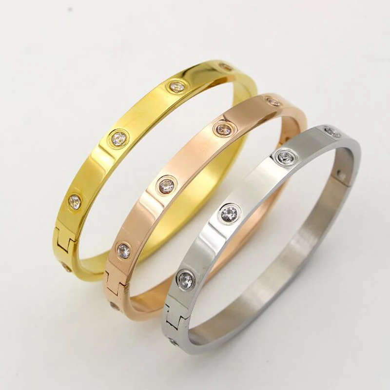 

Luxury Brand Stainless Steel Lovers Crystal Cuff Bracelets For Women Fashion Bangle Titanium Zirconia Golden Female Jewelry Gift