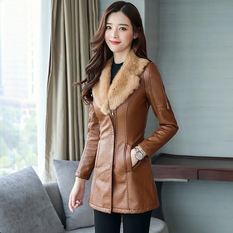 Fur Fashion Collar Slim Faux Leather Coat New Winter Thick Warm Jacket Women PU Leather Coat Korean Female Overcoat Parkas