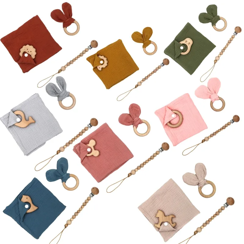 

100% Muslin Cotton Baby Comforting Towel Bunny Teether Wooden Ring Newborn Pacifier Chain Baby Teether Set