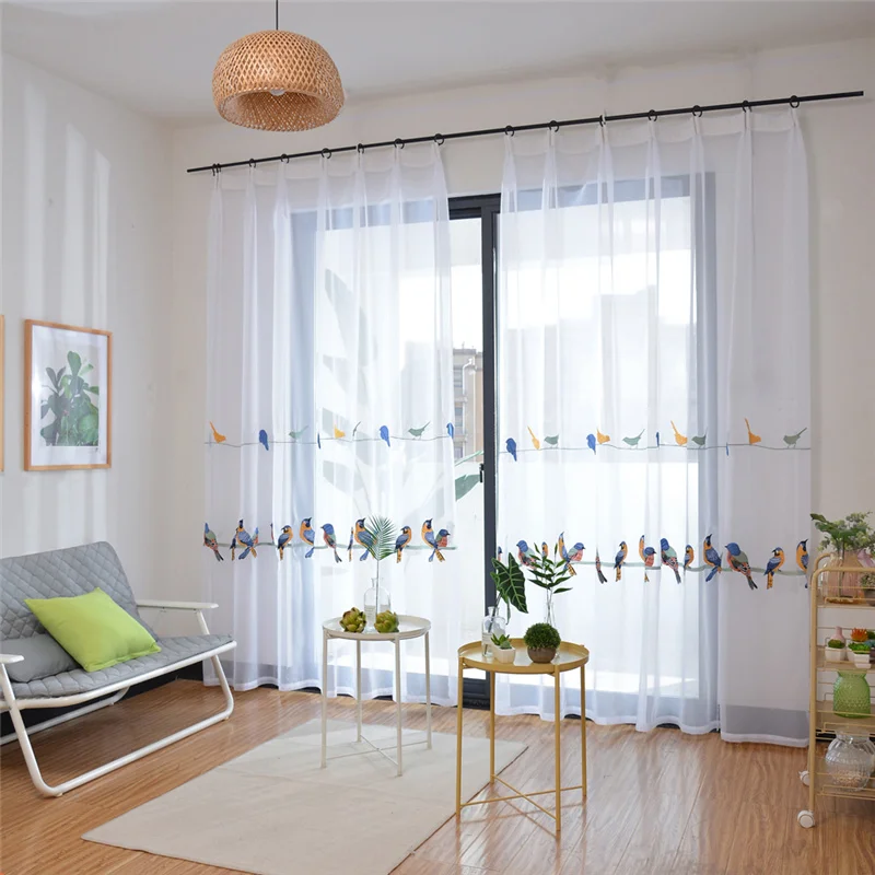 Embroidered Birds Curtains Tulle for Living Room  Linen Fabric Curtains Birds Cloth White Soild Voile Tulle WP432#HS