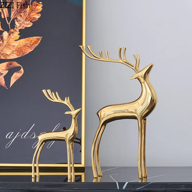 Copper Deer Metallic Gold Handmade Crafts Simulation Animal Sculpture Antlers Modern Home Decoration Christmas Figurines