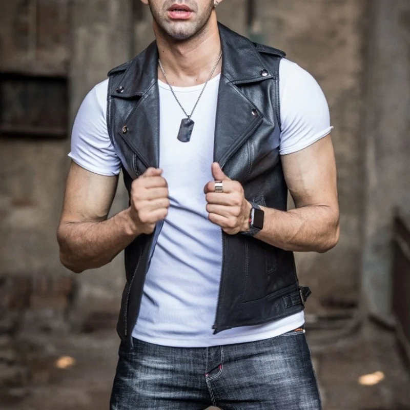 Biker Men Natural Leather Short Waistcoat Autumn Slim Zipper Business Black Vest Brand Casual Streetwear Sleeveless Jacket