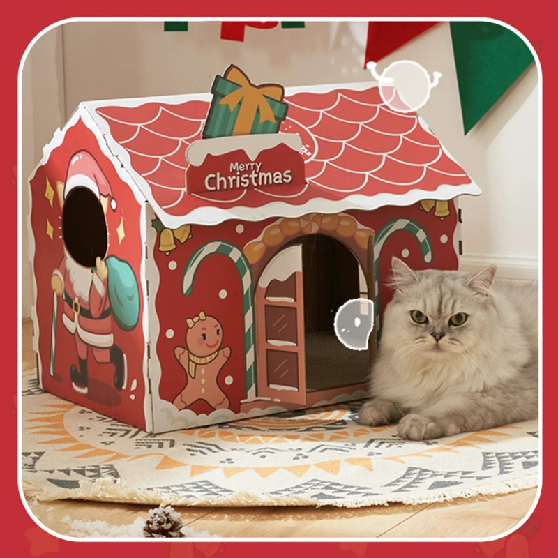 Hoopet Christmas Pet Sleeping House Cardboard Playing for Cats Small Dogs Scratacher Cat Condo Cozy Furniture for Four Seasons