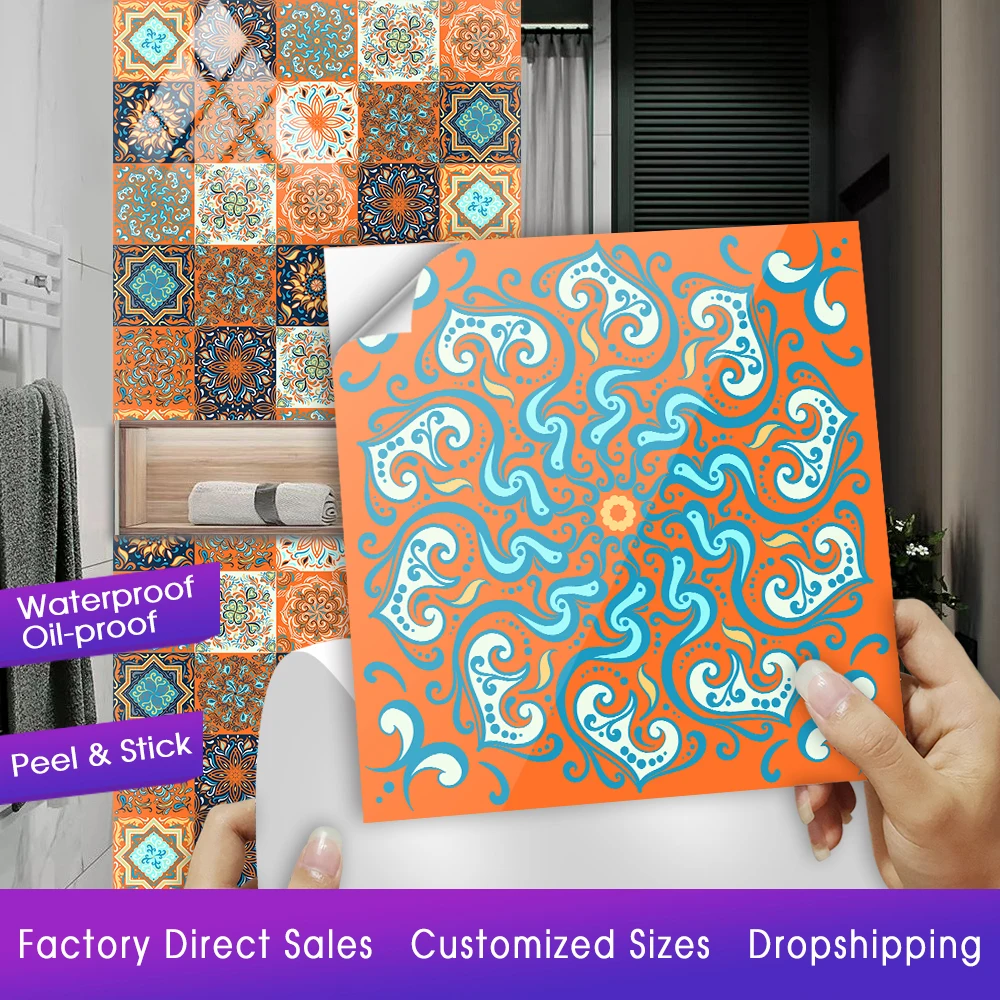 10pcs/set Orange Mandala Pattern Crystal Hard Tiles Wall Sticker Kitchen Wardrobe Home Decor Art Mural Peel & Stick Wallpaper