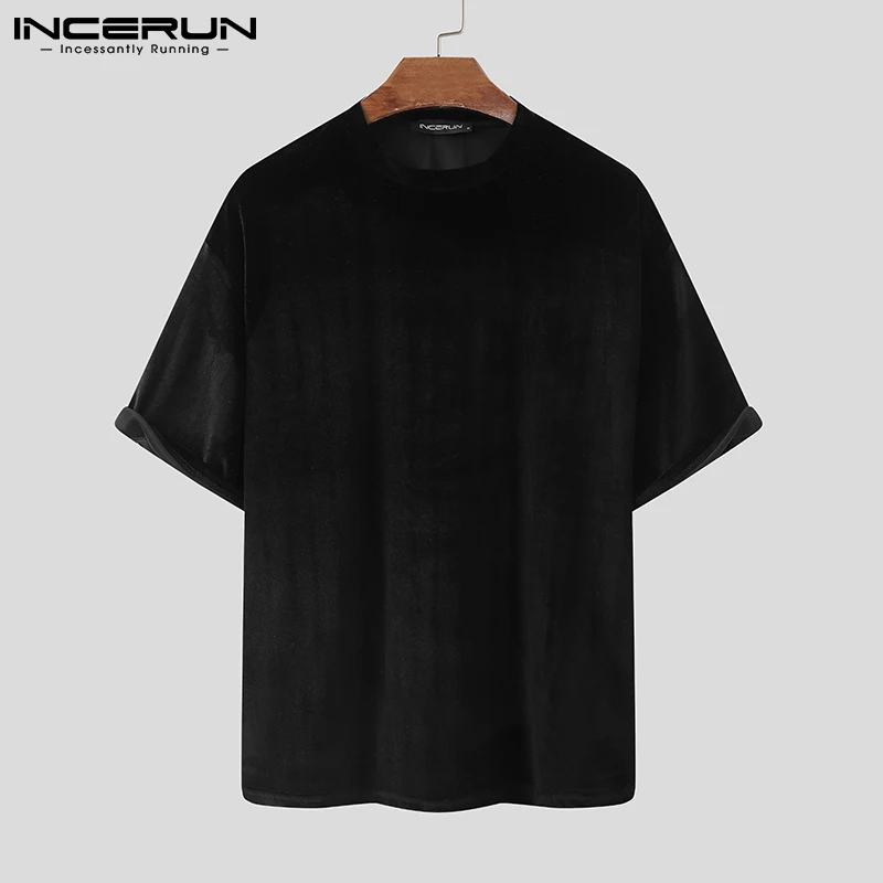 Men T Shirt Velour Solid Color O-neck Half Sleeve Streetwear Casual Camisetas Hombre Cozy 2023 Loose Leisure Tee Tops INCERUN