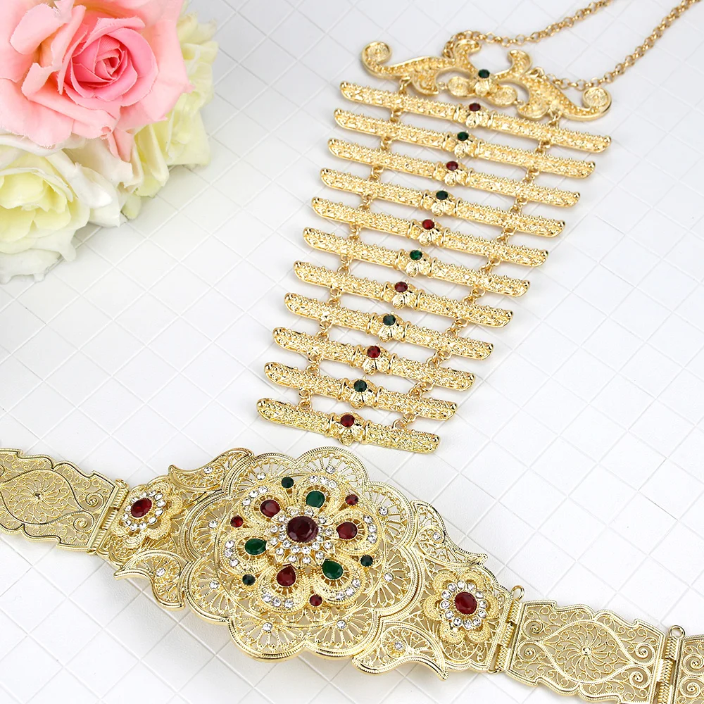 Sunspicems Gold Color Arabic Women Jewelry Caftan Belt Waist Chain Adjustable Length Kazakh Wedding Bijoux