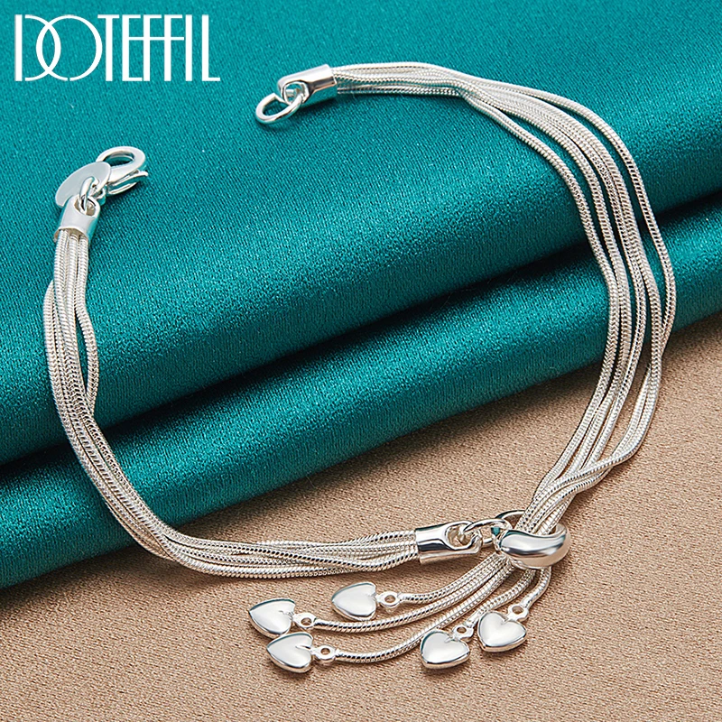 

DOTEFFIL 925 Sterling Silver Gold Five Solid Love Heart Snake Chain Bracelet For Women Charm Wedding Fashion Party Jewelry