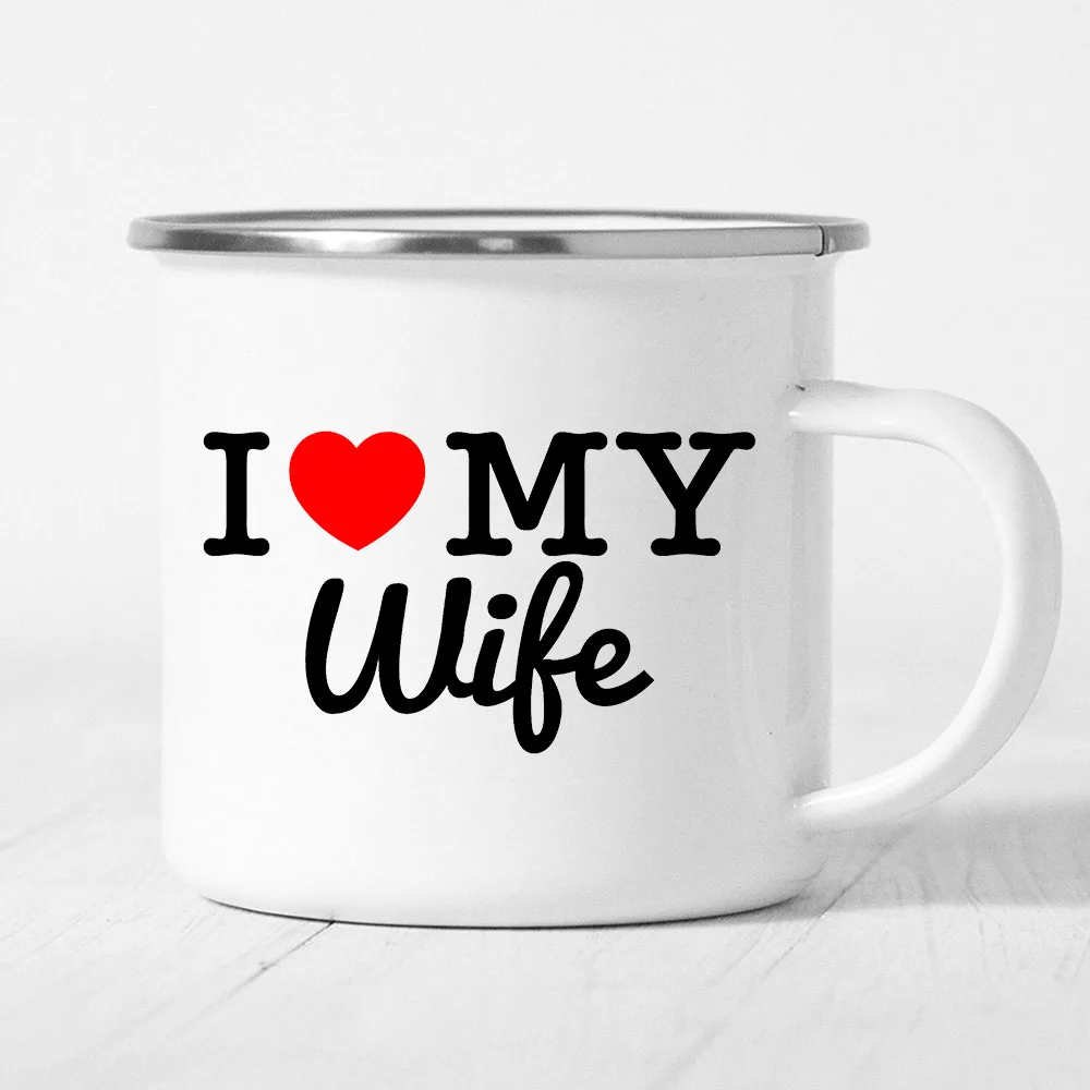 I Love My Wife/husband Lovers Creative Enamel Breakfast Milk Mugs  with Handle Party Wine Beer Juice Drink Cups Valentine's Gift