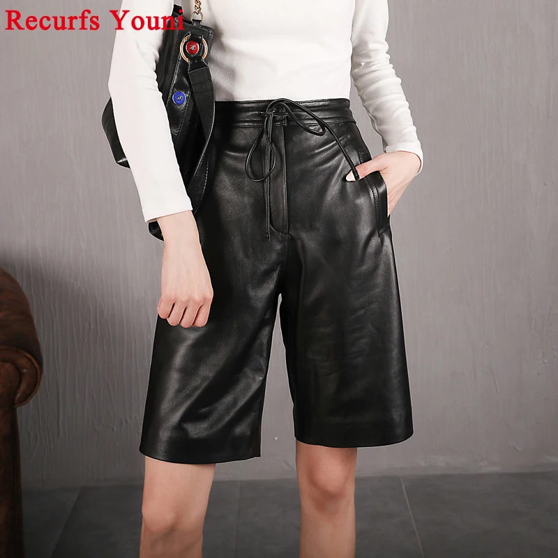 Luxury Female Imported Lambskin Real Leather Trousers Women Loose Ties Waisted Wide Leg Pants Mujer Thin Bermuda Short Pantalon