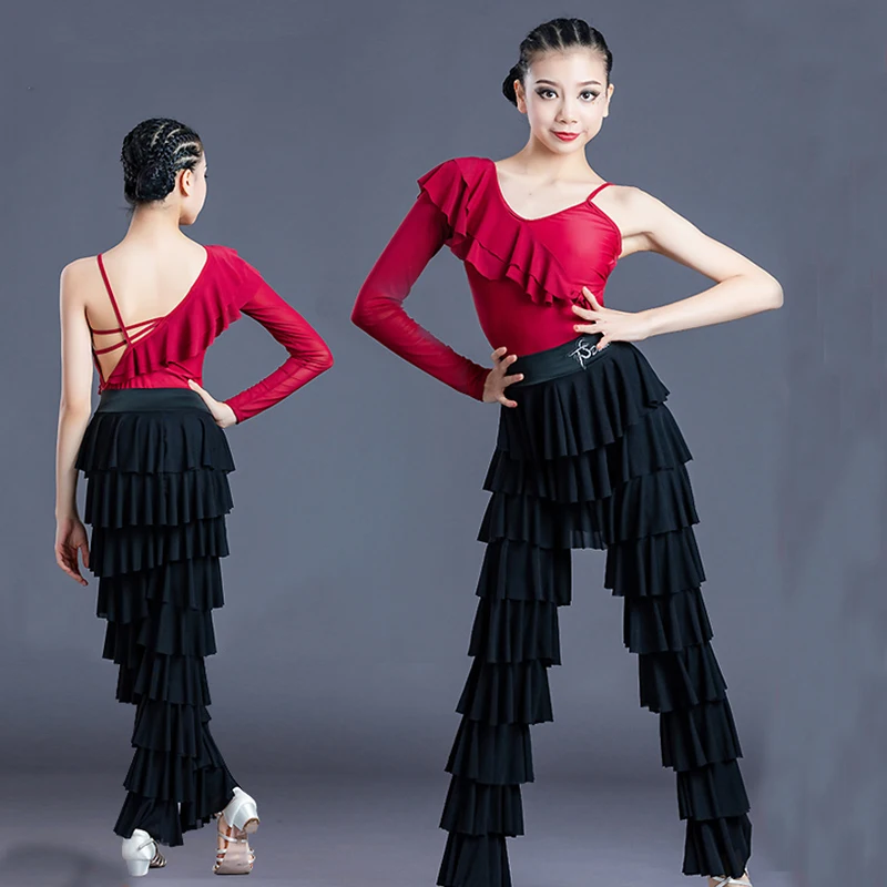 New Kids Stage Dance Clothes Ruffled Single Sleeve Top Flared Pants Girls Latin Dance Dress Ballroom Latin Dance Costume SL572