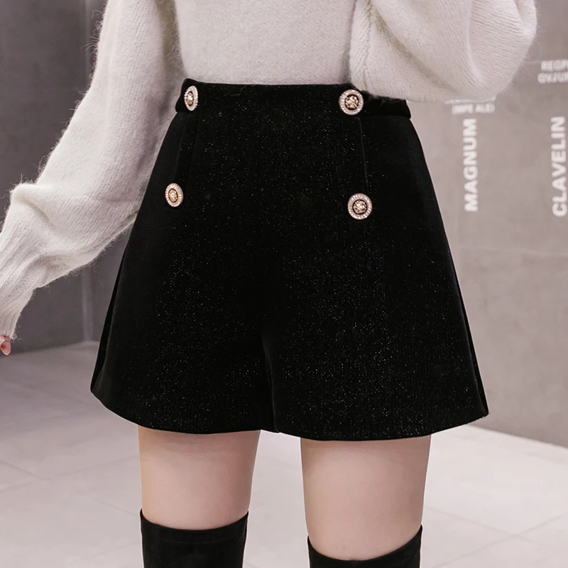 Black Velvet Shorts Women High Waist A-Line Wide Leg Femme Shorts Autumn Winter Lady Elegant Short Pants shorts feminino