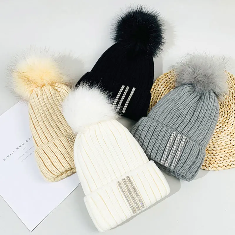 

Knitted Caps Women Men Skullcap Winter Rhinestone Hat Plus Velvet Wool Cap Warm Hats Skullies Beanies Thick Unisex Cap Wholesale