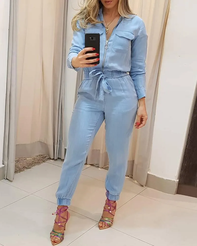 2021 autumm Jumpsuit female long sleeve slim fit lace up waist jumpsuit casual jumpsuits