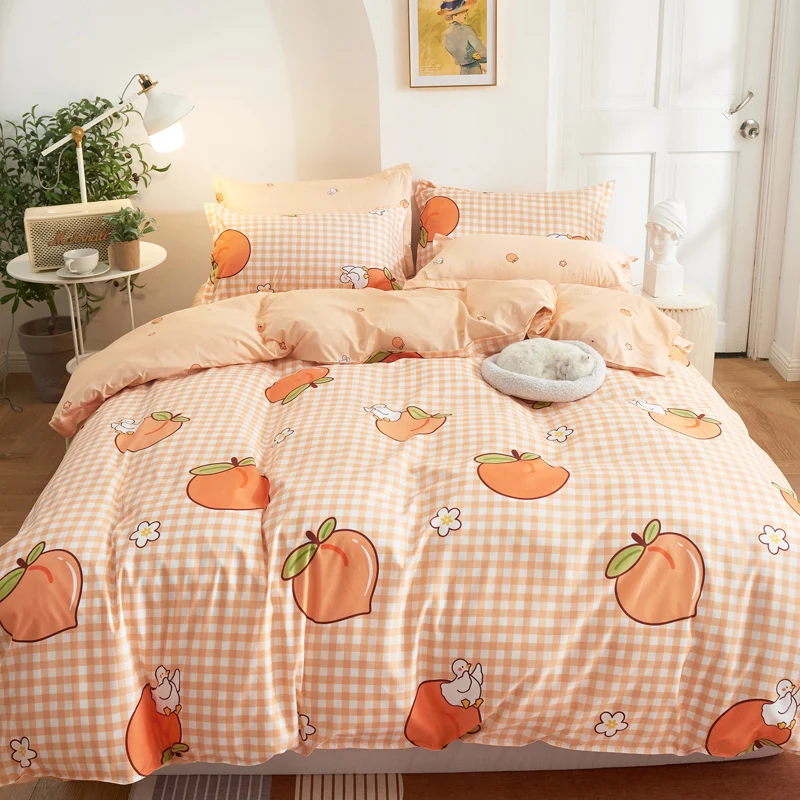 3/4pcs Kawaii Bedding Sets Cute Peach Bed Sheet Set With Pillow Cover For Girl Bedding Set Twin Full Queen King Size Duvet Cover