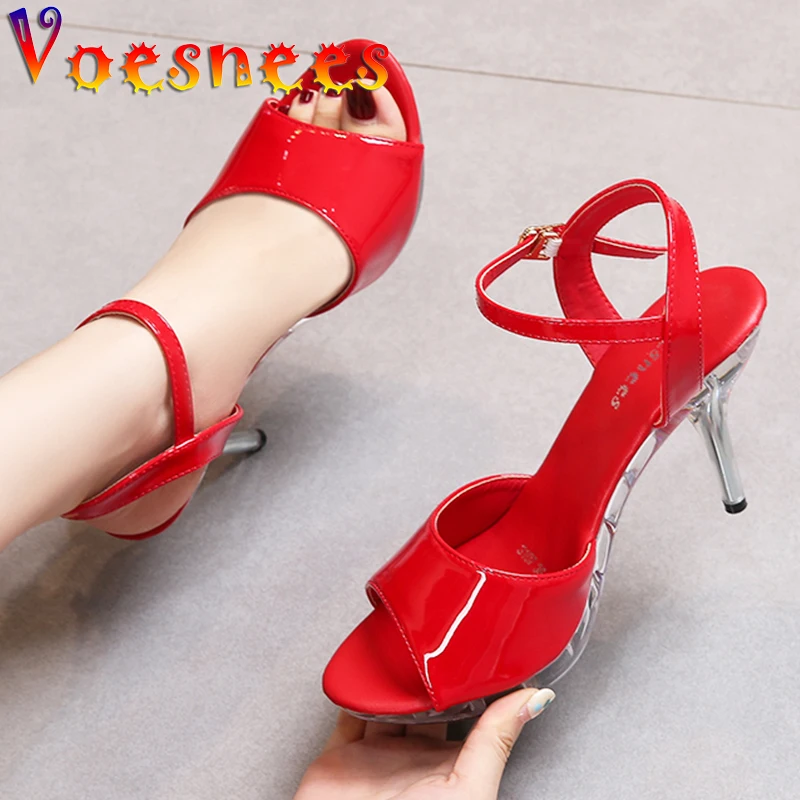 9.5cm Low Heel Girls Party Shoes 2021 Summer New One Word Crystal Bottom Fashion Sandals Peep Toe Thin Women Shoes Sexy Heels