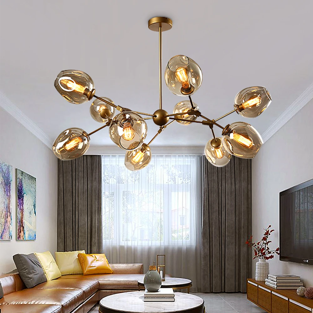 

Modern LED Glass Ball Chandelier Iron Molecular Pendant Lamp For Living Room Bedroom Villa Interior Decor Hanging Lighting