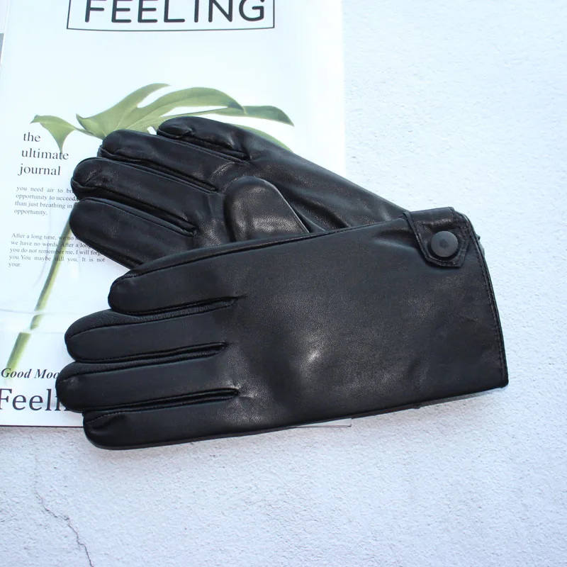 Nuevos guantes de piel de oveja para hombre, forro de terciopelo de cuero de moda, guantes negros elásticos con botón a presión cálidos para otoño e