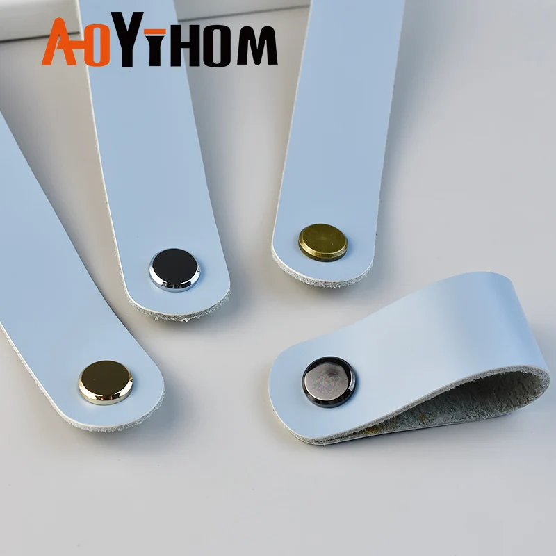 AOYIHOM Kitchen Cabinet Storage Pull Light Blue Leather Furniture Handle Used for Indoor Living Room Drawer Wardrobe Door Knob